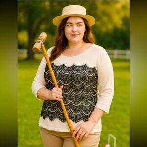 Roz&Ali Ladies lightweight sweater top size 1x cream color with beautiful lace